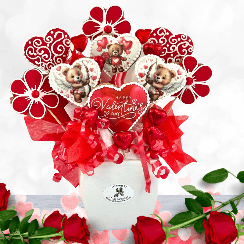 Cupid cookie and chocolate cookie bouquet